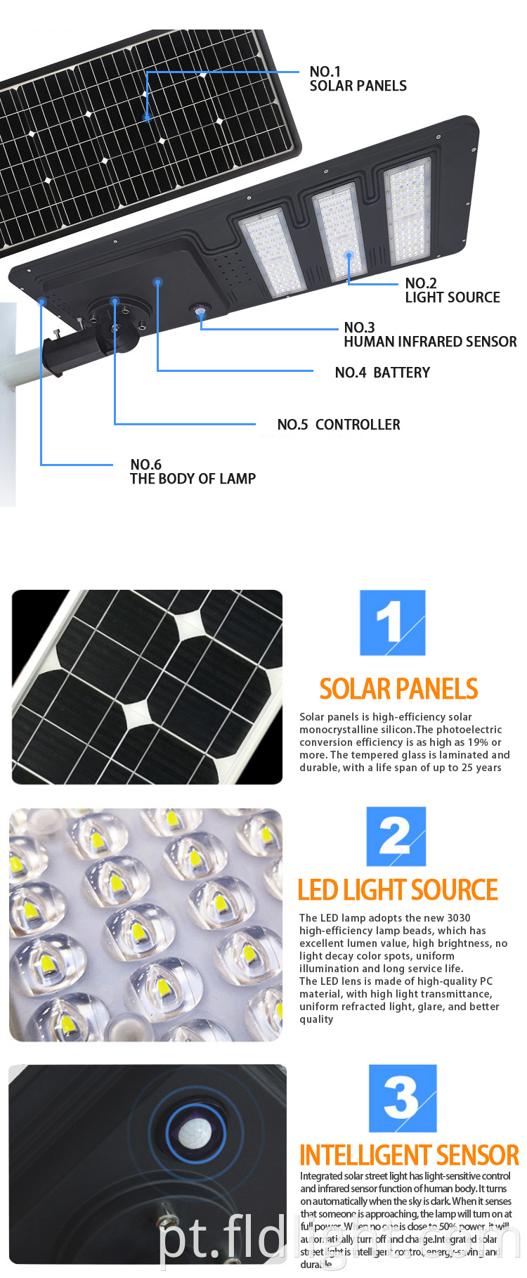 High lumen 3030 led chips integrated solar led street light 